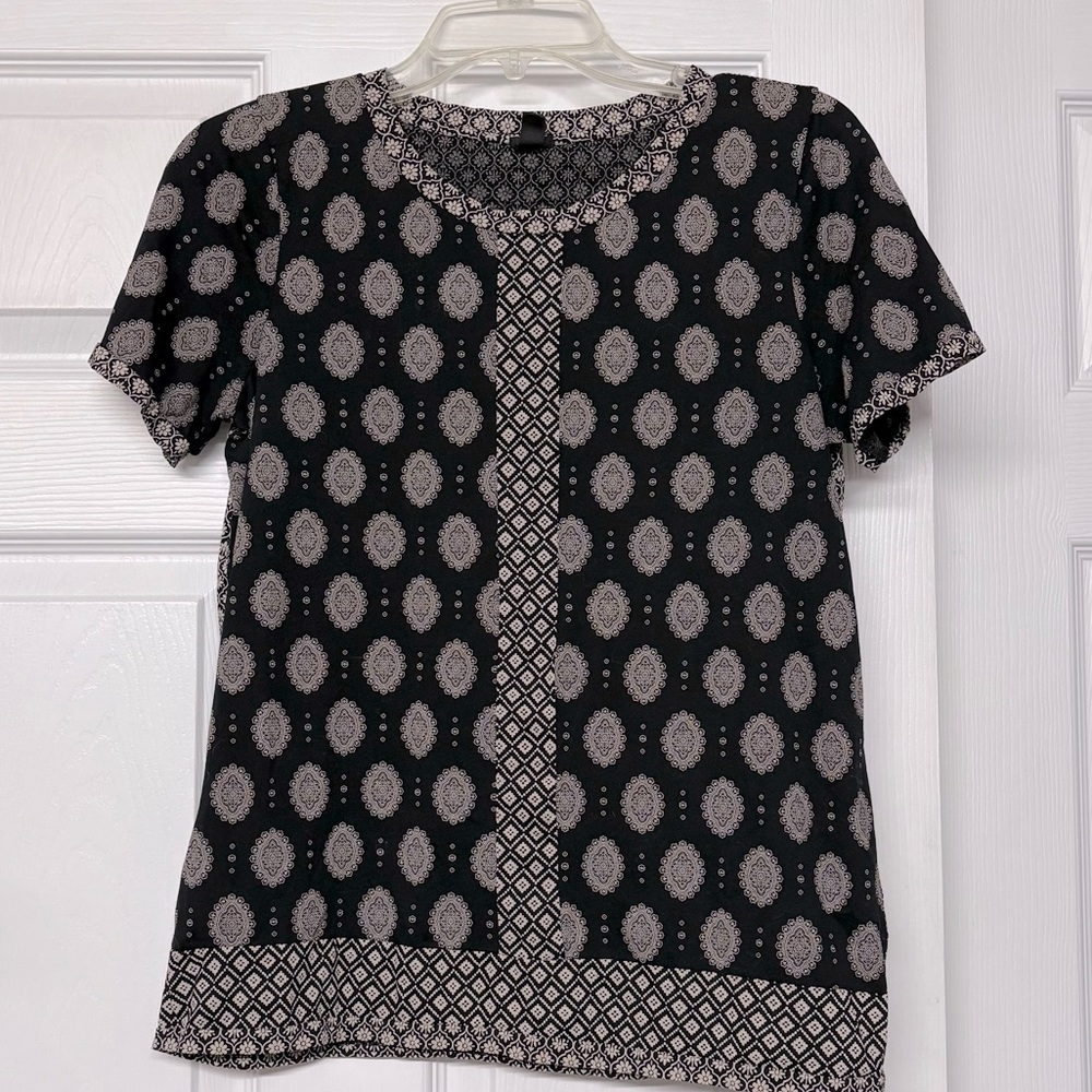 J. Crew Mixed Print Flowy Cotton Black Tan Top Sz S